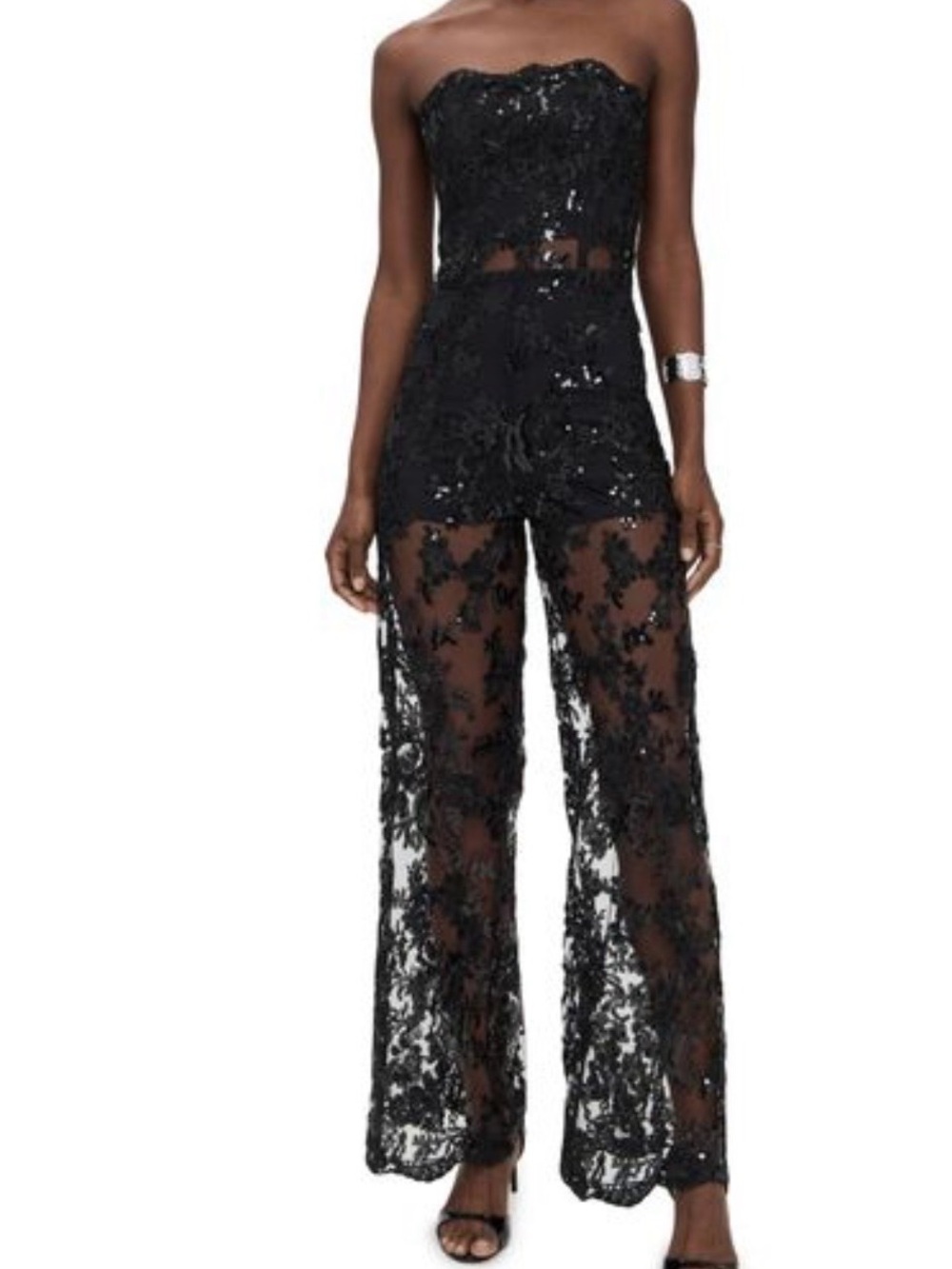 Alice + Olivia Strapless Black Lace Sequin Jumpsuit - Picture 5 of 8